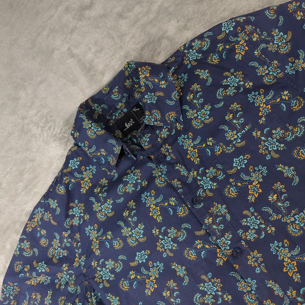 Lost Enterprises Mens Medium Shirt Short Sleeve Floral Button Up Surf Navy Teal